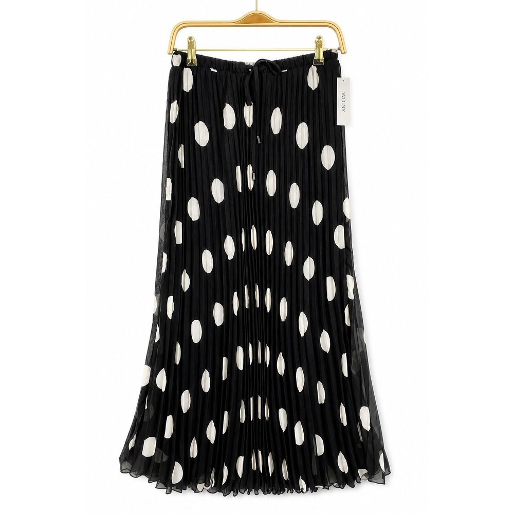 WD-NY‎ Retro Polka Dot Pleated Maxi Skirt Women S Black White Accordion Pull On